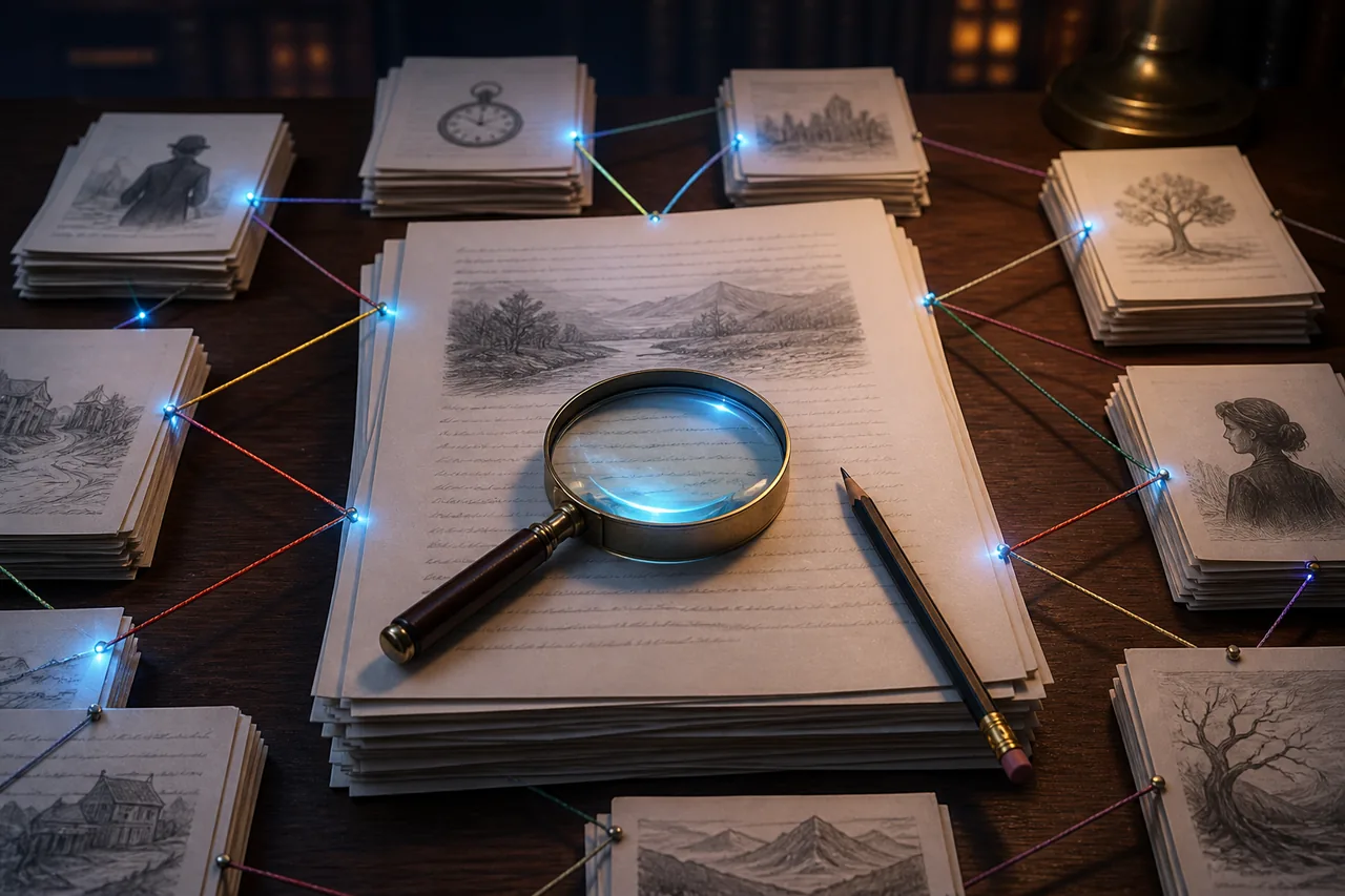 Manuscript pages connected by colored threads for character, timeline, setting, and plot continuity