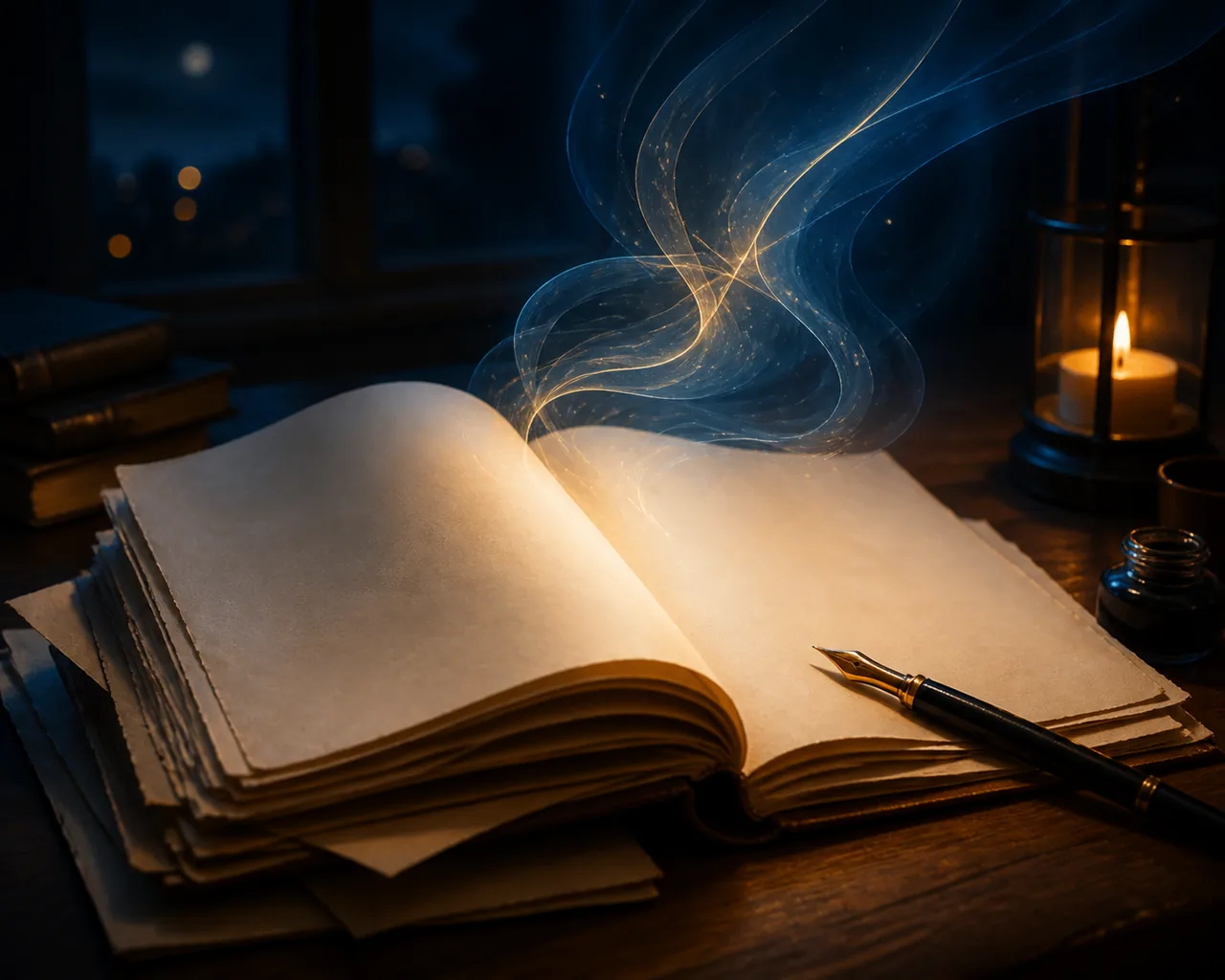 Open manuscript with a soft abstract light suggesting an AI writing partner