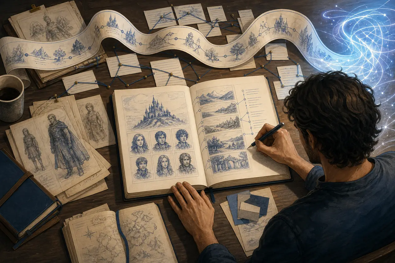 Writer organizing a story bible, chapter cards, character sketches, and a connected timeline