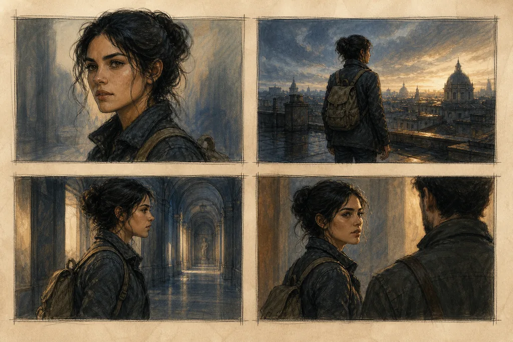 The same fictional explorer shown consistently across four storyboard camera angles