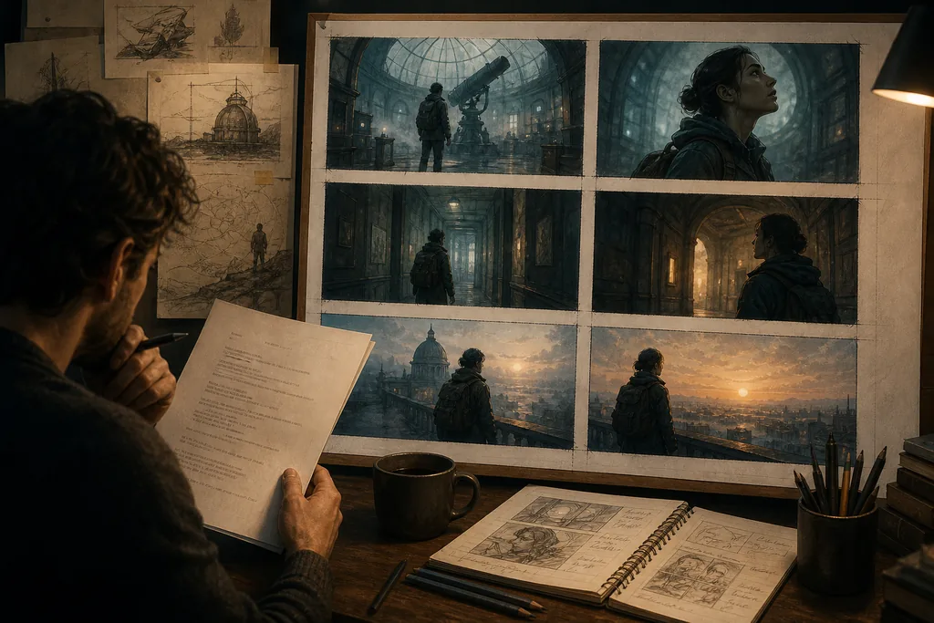 Writer reviewing a cinematic storyboard contact sheet beside a screenplay