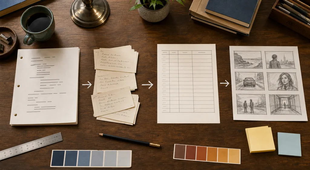 Screenplay, scene cards, shot list, and storyboard panels arranged as a four-stage visual workflow
